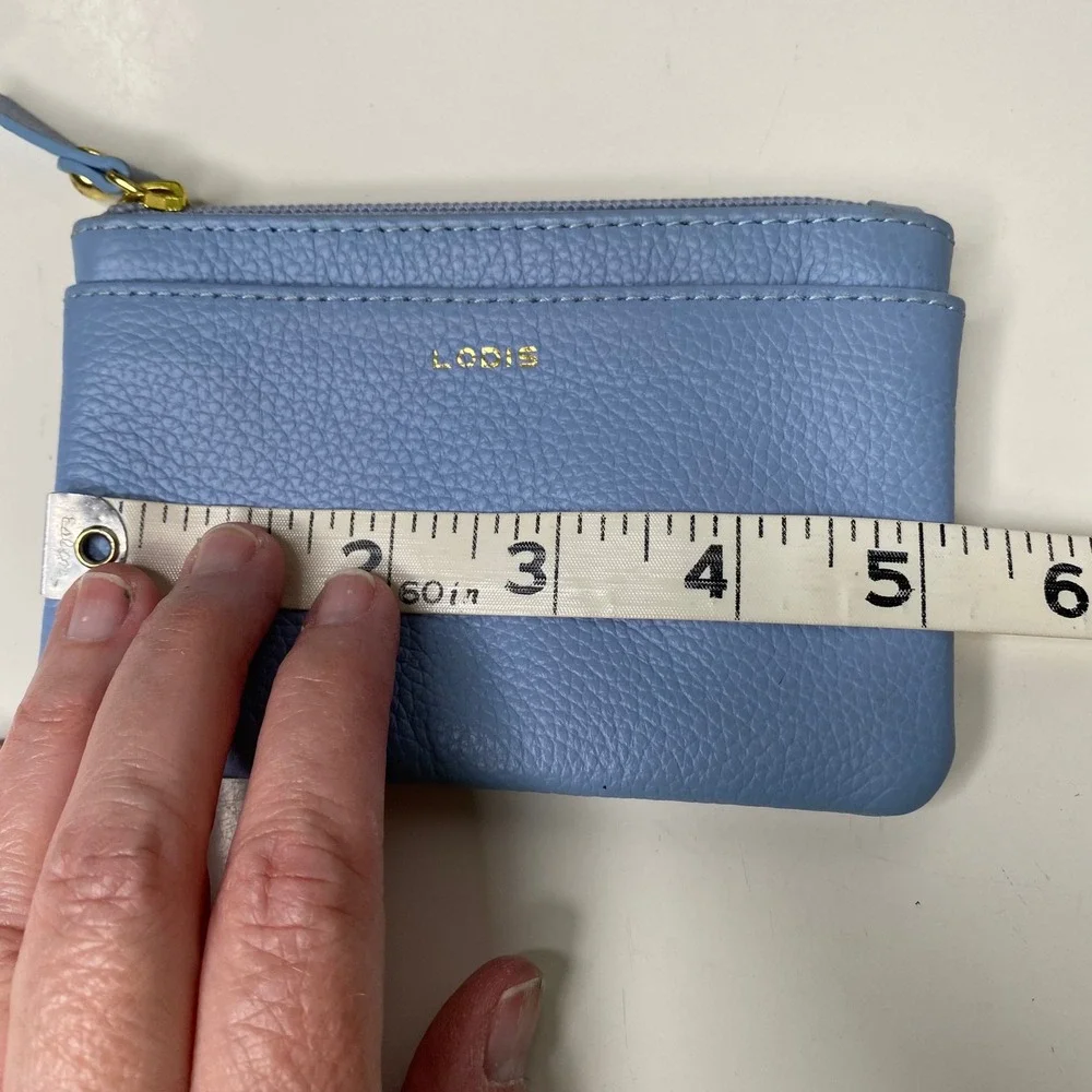 Lodis Blue Pebbled Leather Zip Card Case Coin Purse Wallet Gold Tone‎ Hardware